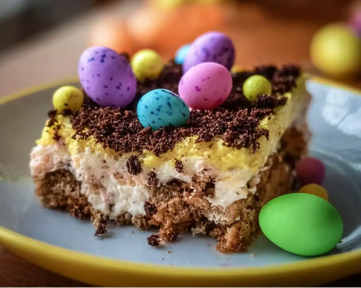 Easter Dirt Cake Casserole decorated with colorful candies and chocolate crumbs