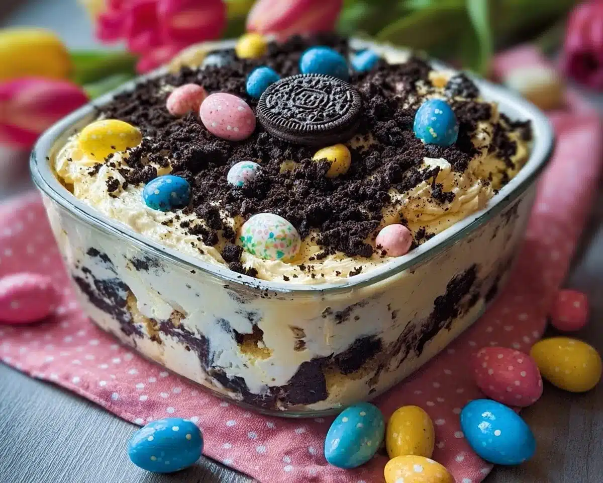 Delicious Easter Dirt Cake Casserole topped with chocolate and gummy worms.