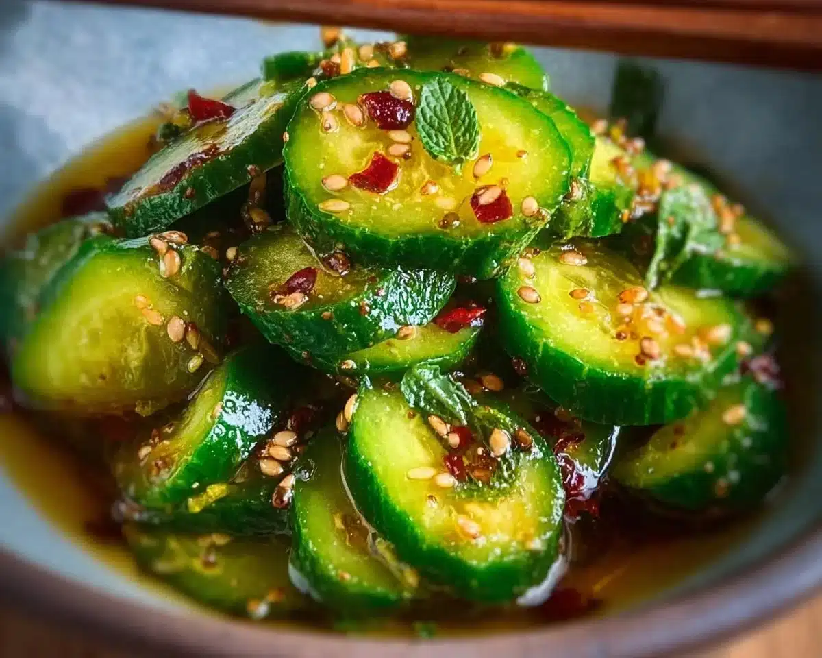Bowl of Easy Asian Cucumber Salad with vibrant cucumbers and sesame dressing.