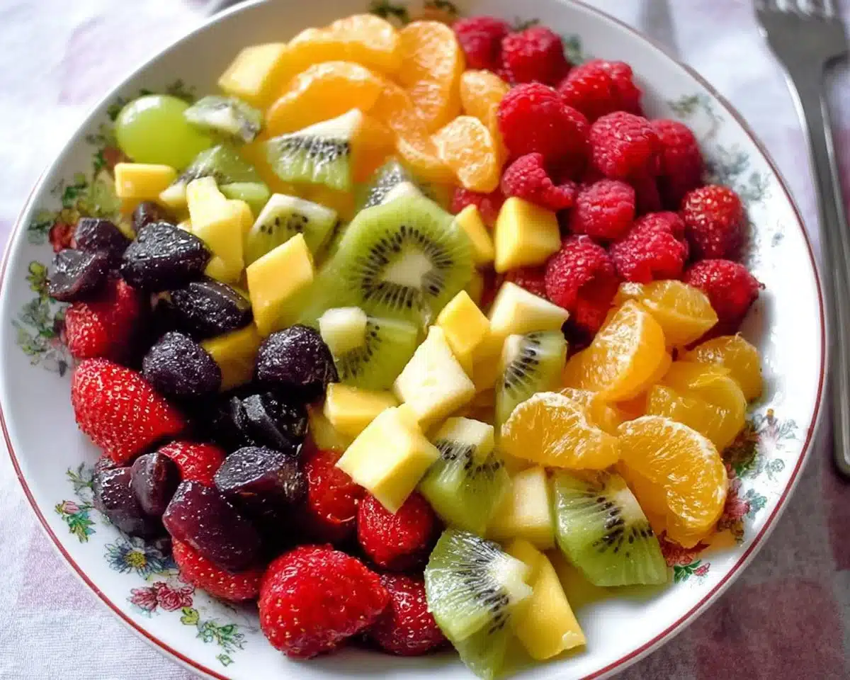 Colorful bowl of easy fruit salad with various fresh fruits.