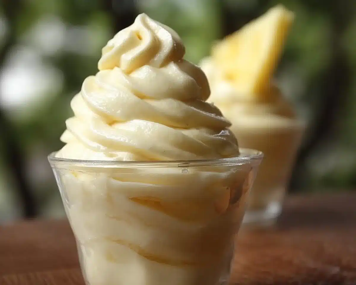 Delicious homemade Pineapple Dole Whip served in a bowl with a cherry on top