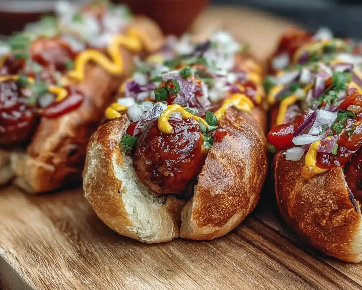 Flavorful firecracker hot dogs served on a grill with toppings