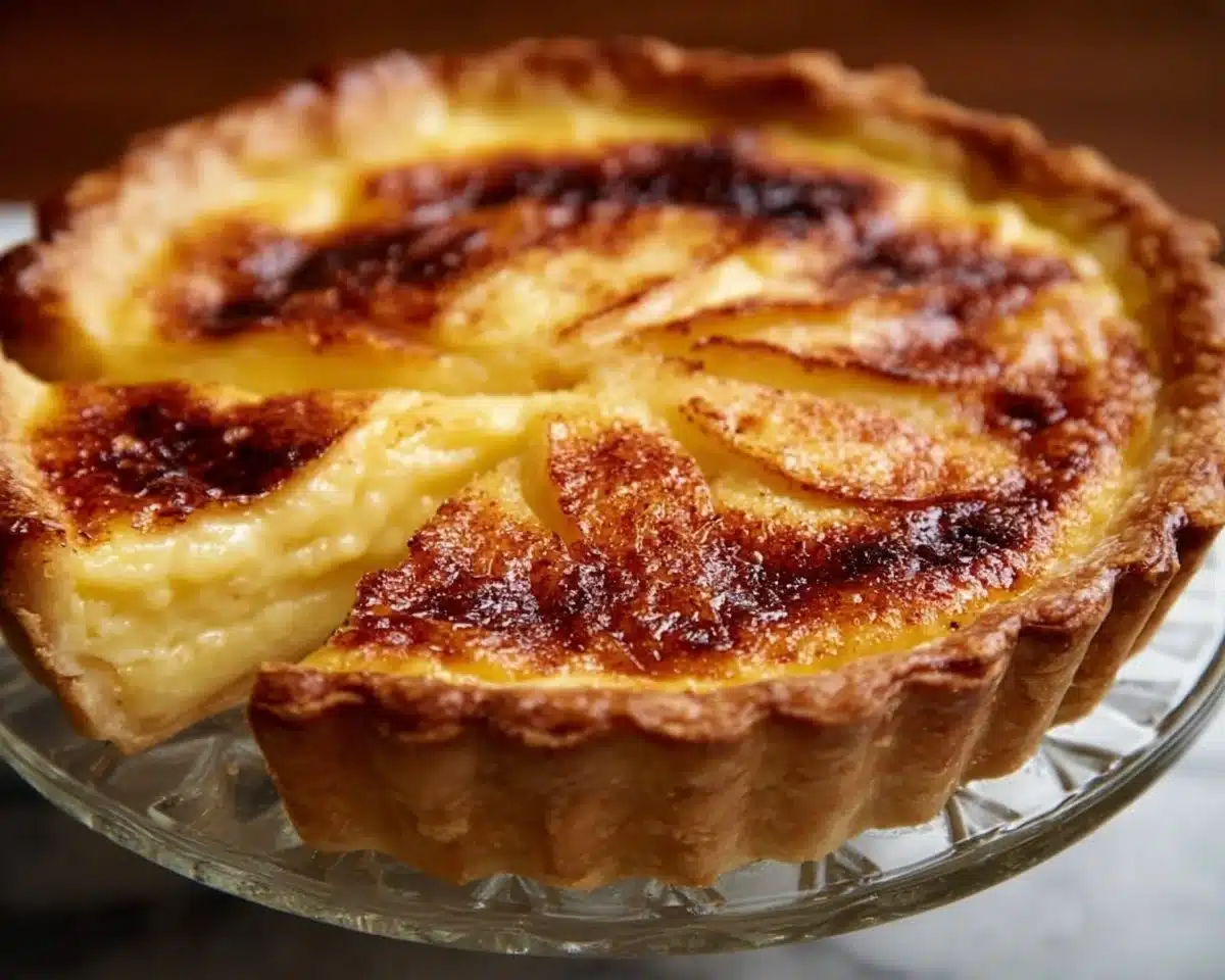 Slice of French Apple Custard Pie showcasing apples and creamy custard filling.