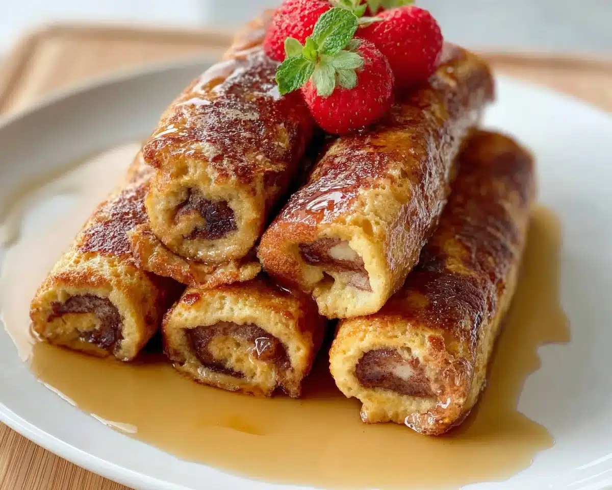 Delicious French Toast Roll-Ups filled with cream cheese and fruit.