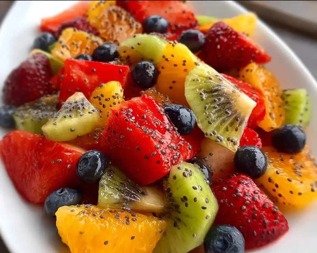 Fresh fruit salad with honey lime poppy seed dressing in a vibrant bowl.