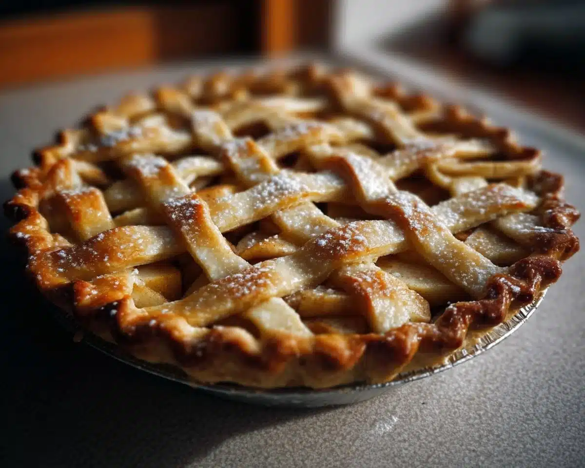 Slice of German apple pie on a plate, showcasing spiced apples and flaky crust.