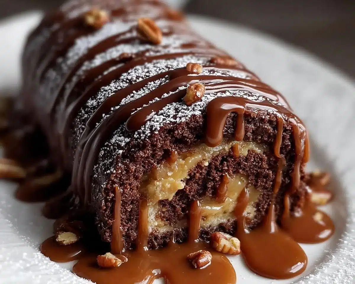 Gooey Chocolate Caramel Turtle Cake Roll