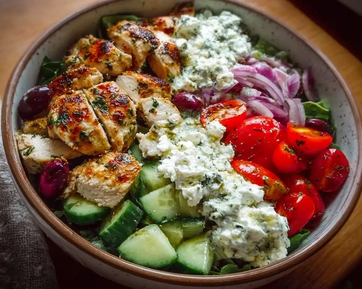 A vibrant Greek Chicken Bowl with fresh vegetables and herbs on a table.