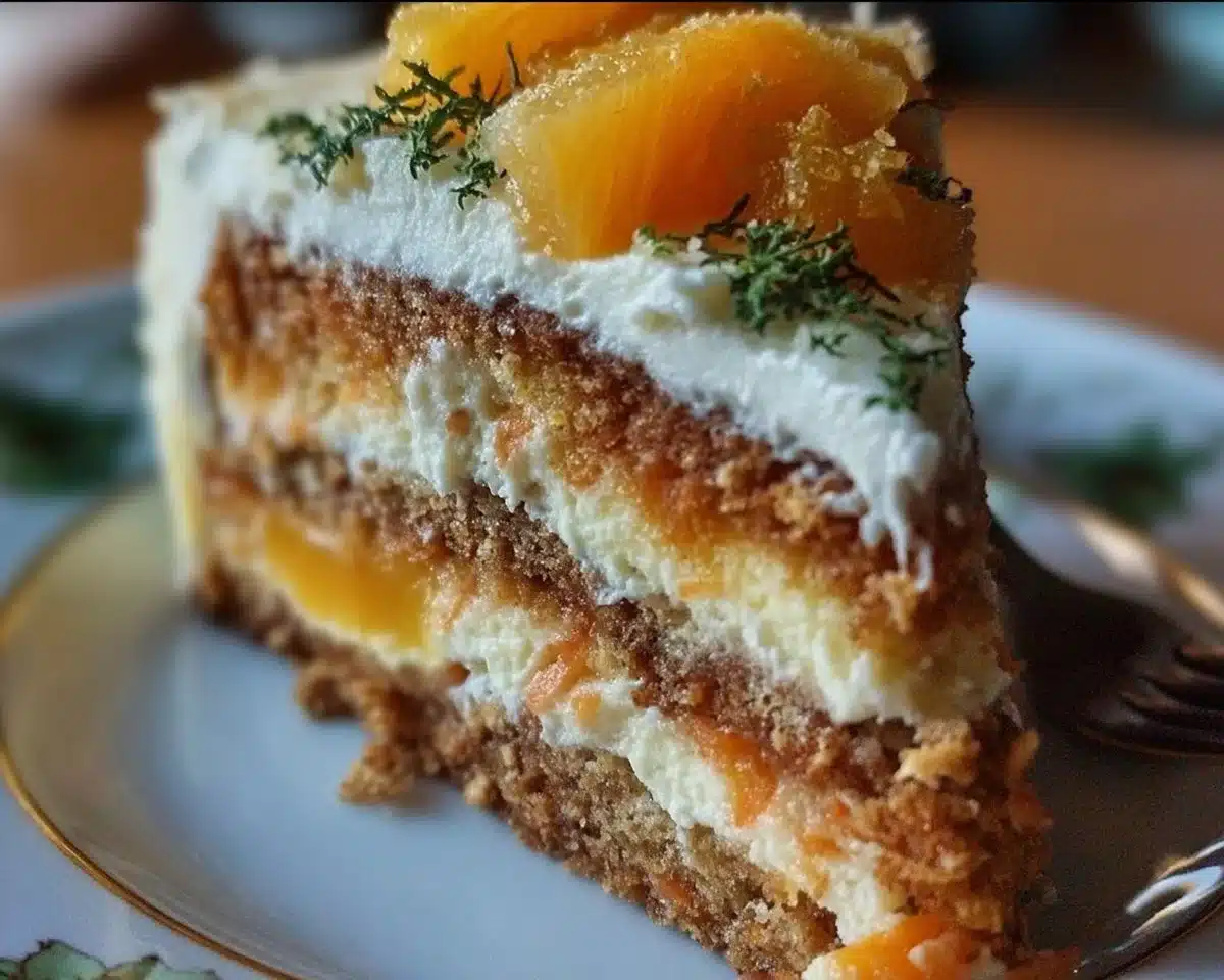 Slice of Hawaiian Carrot Pineapple Cake with tropical garnishes