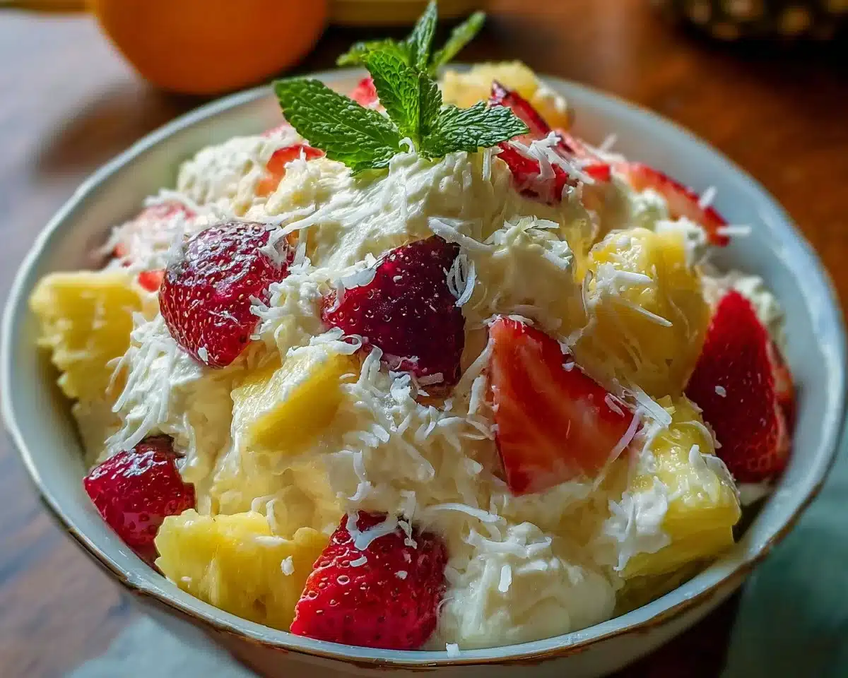Hawaiian Cheesecake Salad with fresh fruit and creamy texture