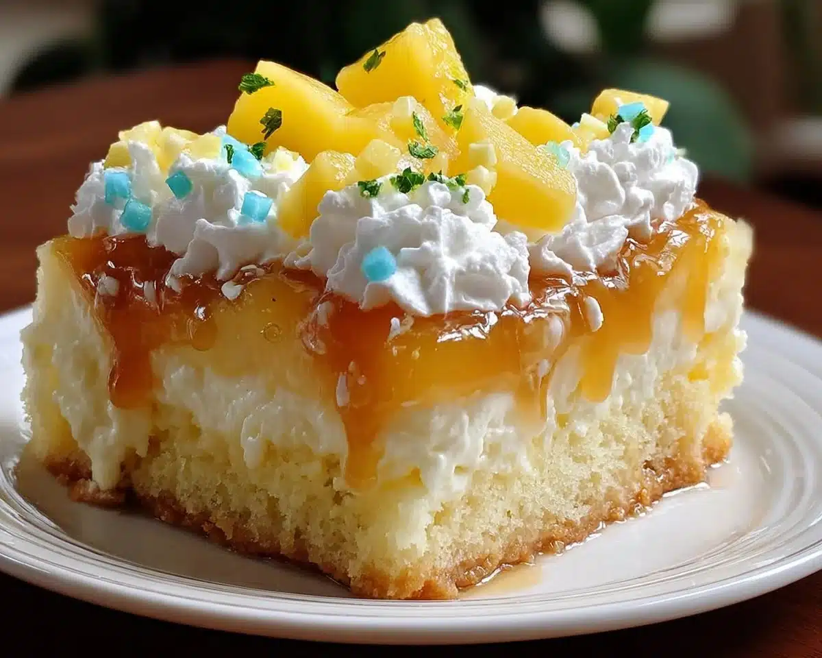 Delicious Hawaiian Poke Cake topped with tropical flavors and whipped cream.