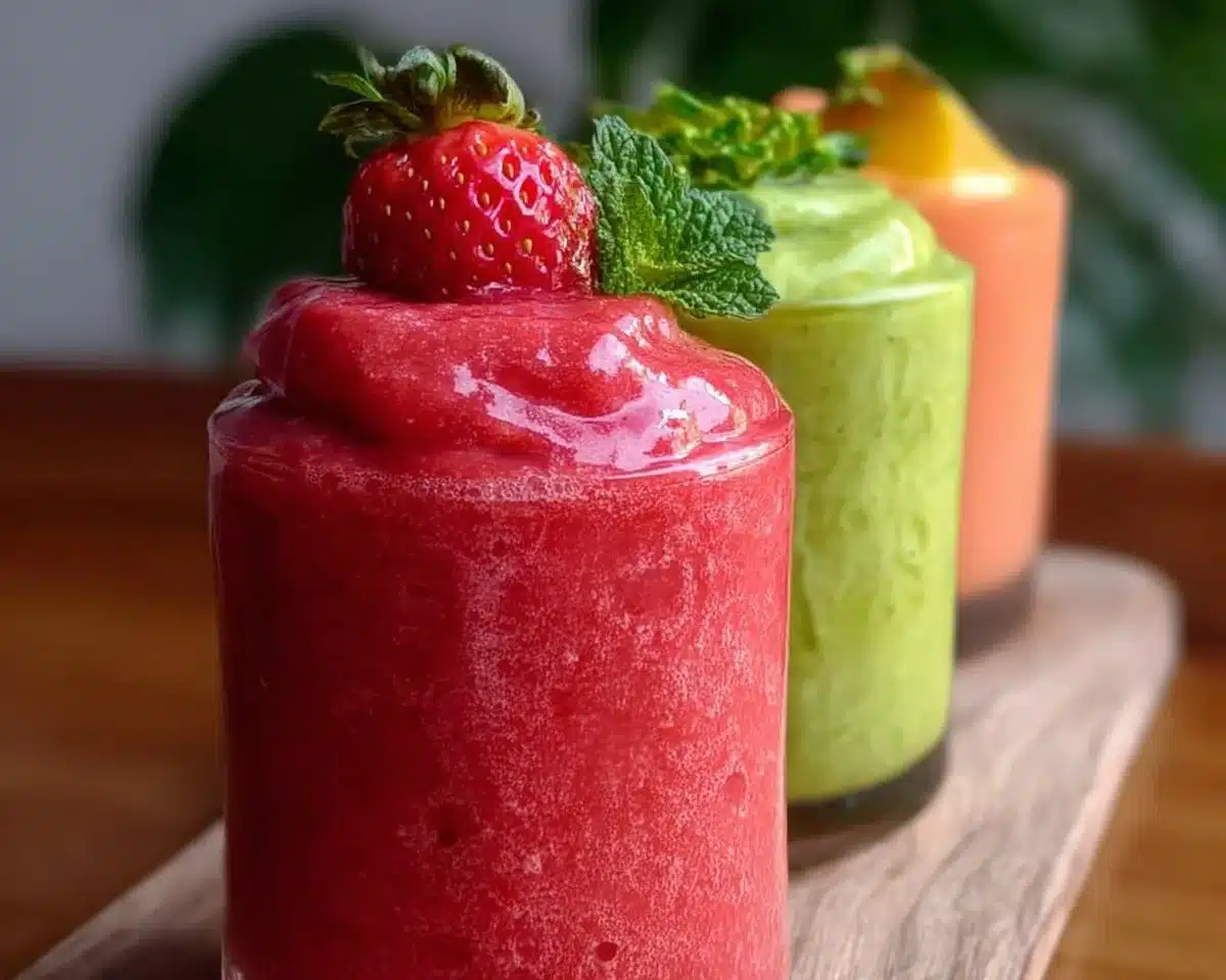 A variety of healthy smoothies for weight loss in colorful glasses.