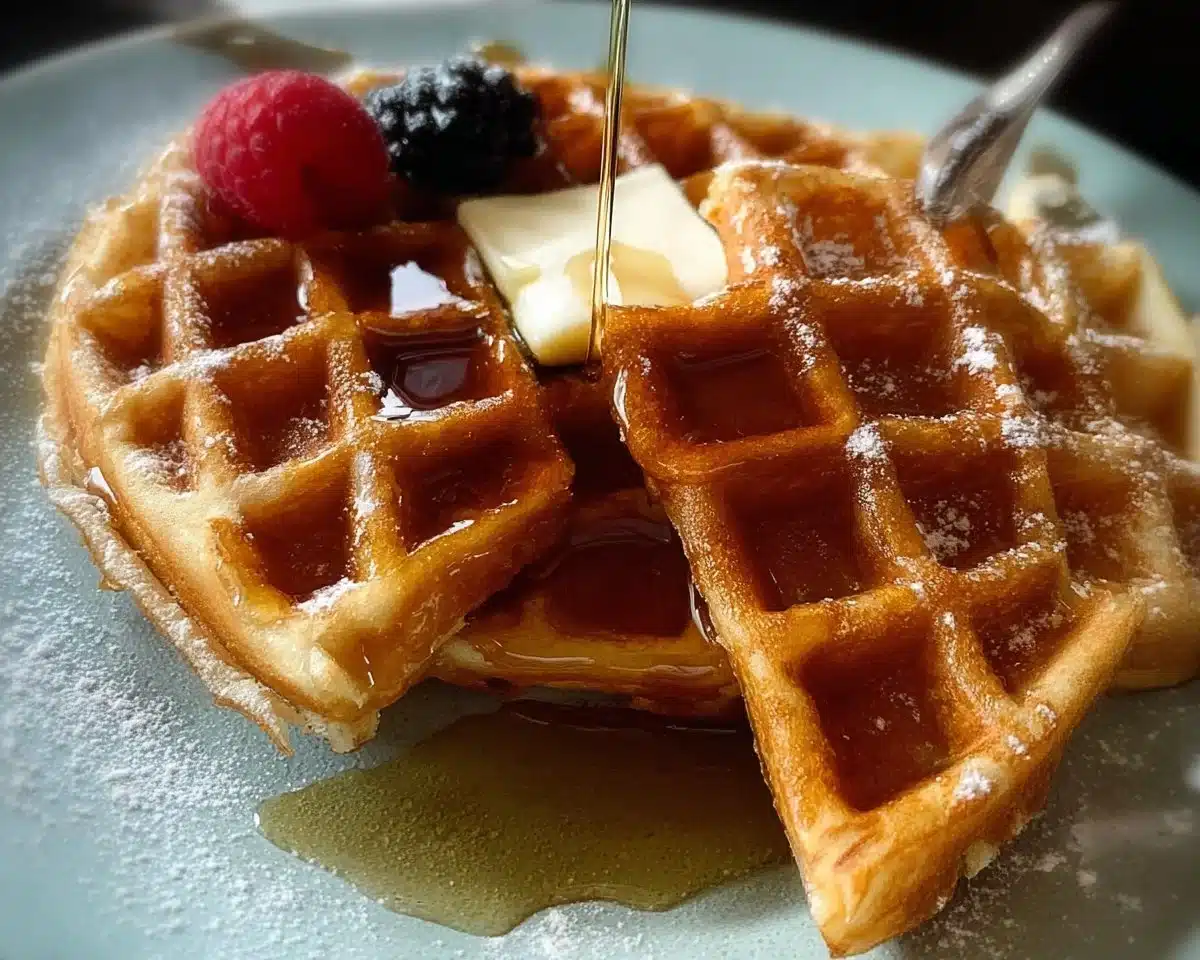 Homemade buttermilk waffles served with syrup and berries