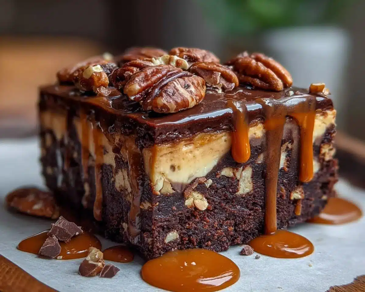 Irresistible turtle brownie cheesecake with caramel and chocolate drizzle.