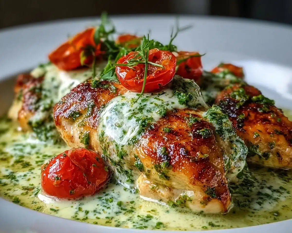 Delicious Keto Creamy Pesto Chicken served with fresh herbs and vegetables.