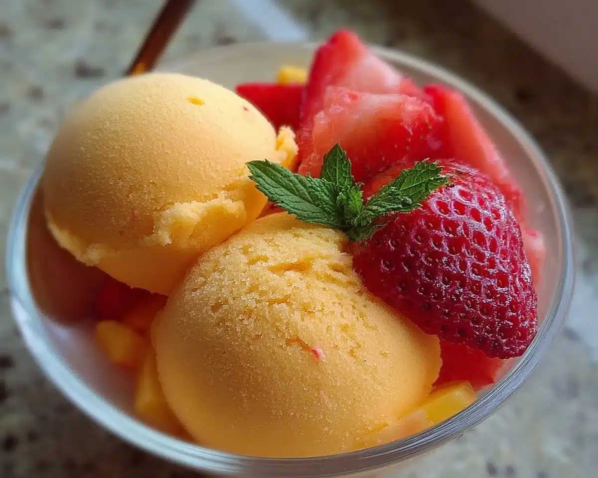Homemade Mango Strawberry Sorbet in a bowl with fresh mango and strawberries