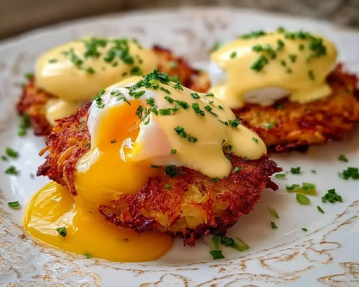 Plate of mouthwatering Latke Eggs Benedict topped with hollandaise sauce