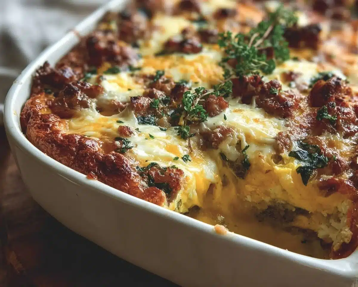 Delicious overnight breakfast casserole ready to serve, topped with cheese and vegetables