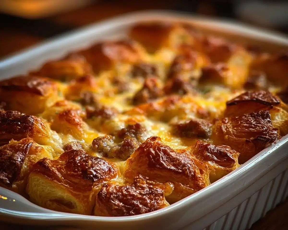 Delicious overnight croissant breakfast casserole served warm.