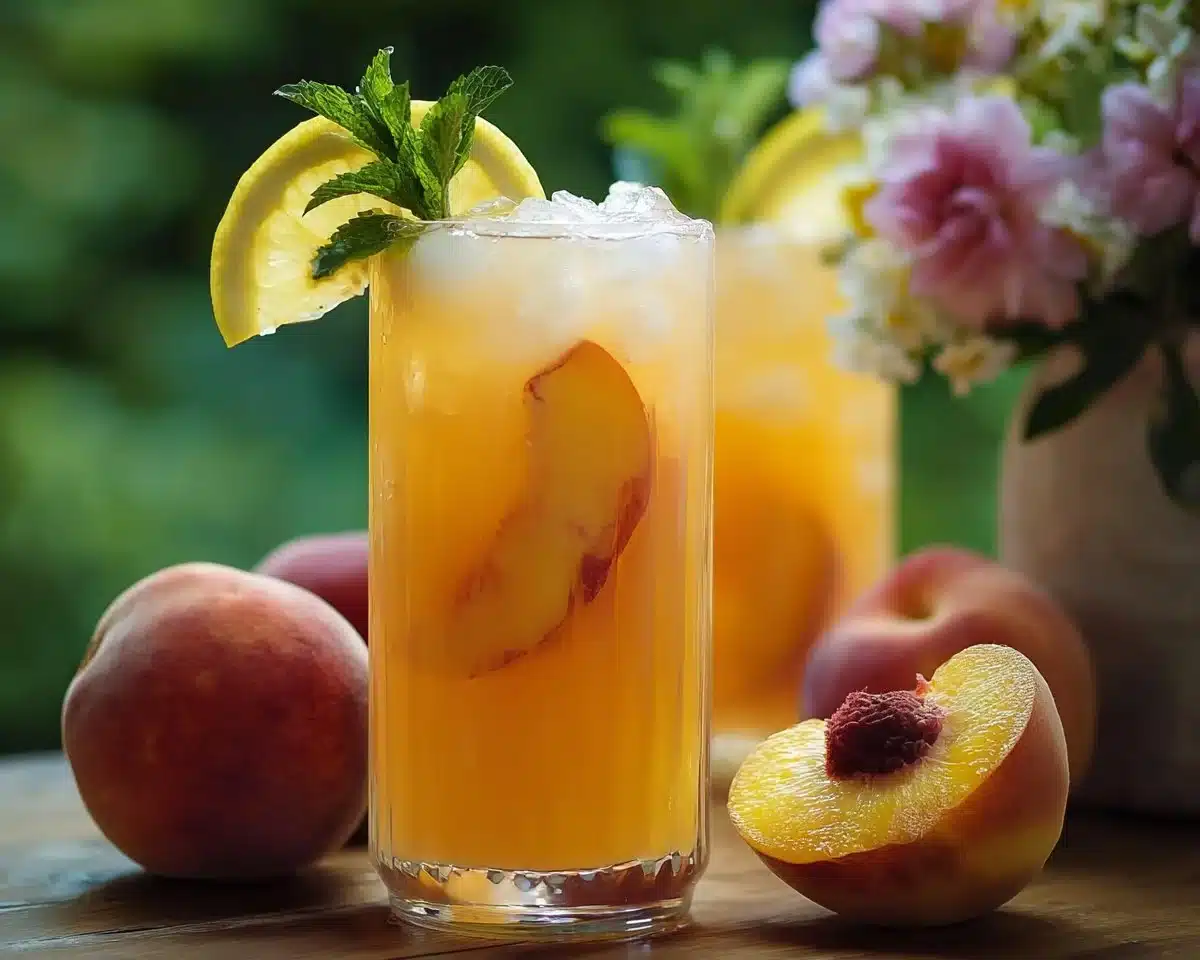 A refreshing glass of peach lemonade with fresh peaches and lemon slices