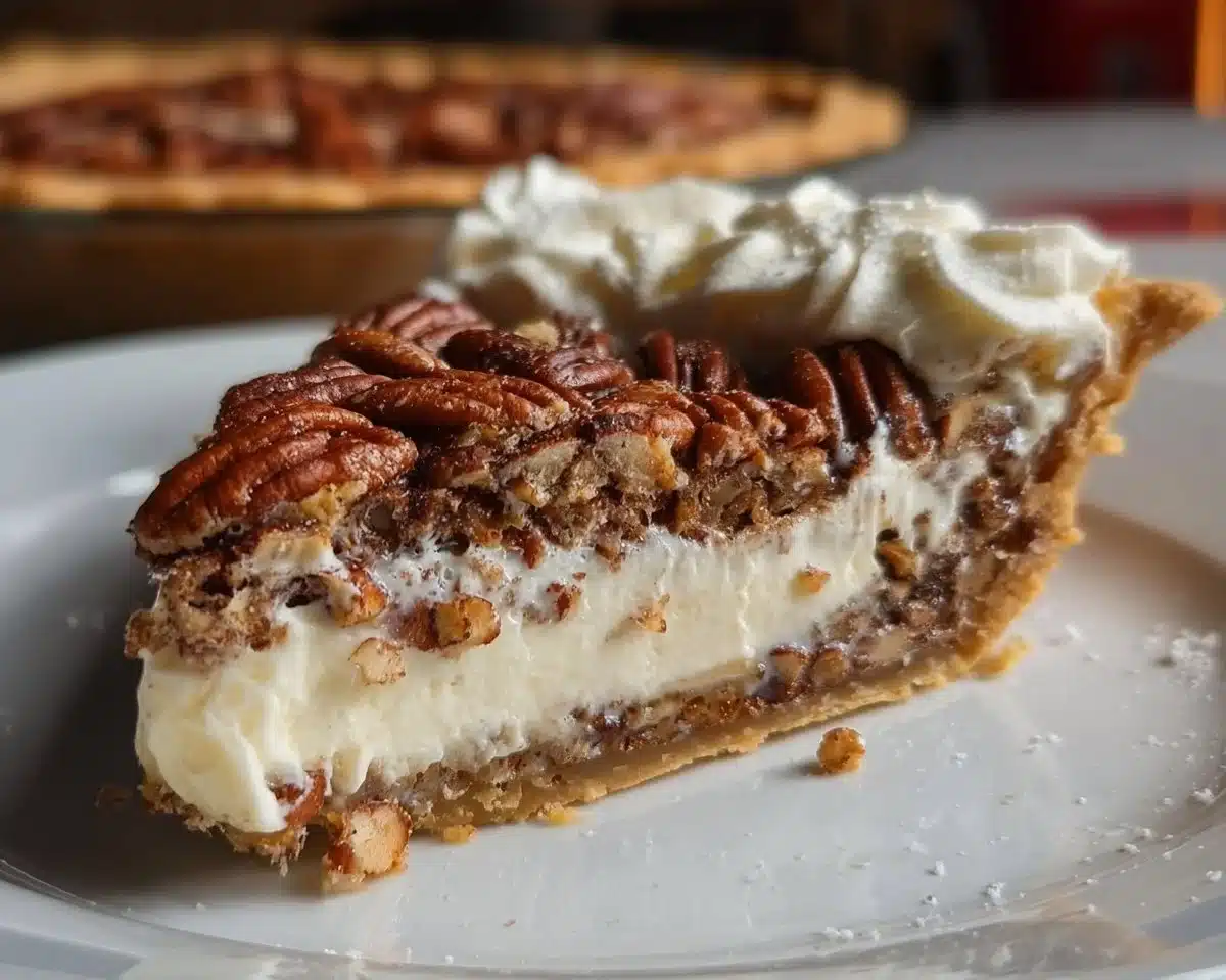 Slice of Pecan Cream Pie with whipped cream and pecan topping