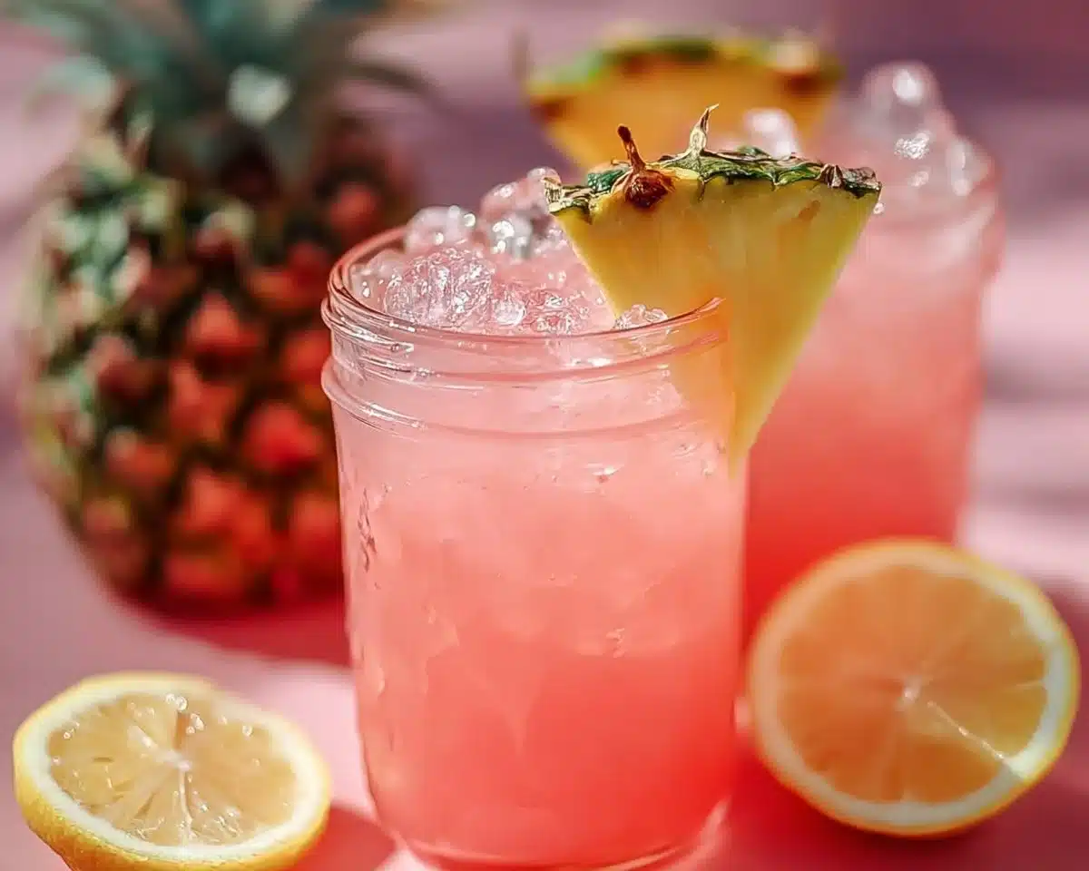 A refreshing glass of Pineapple Pink Lemonade with tropical and fruity flavors.