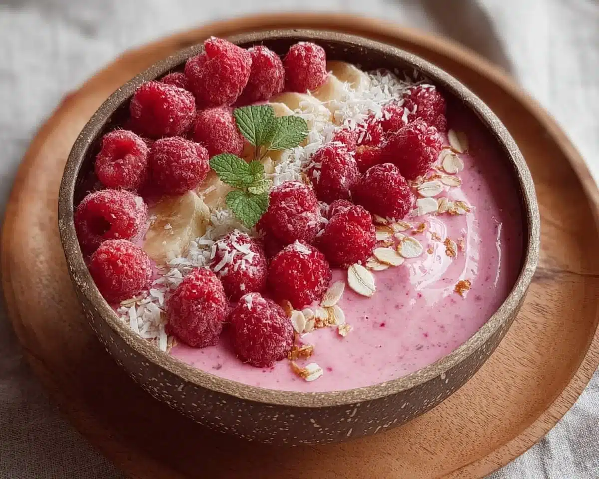 Delicious pink raspberry smoothie bowl topped with fresh berries and nuts