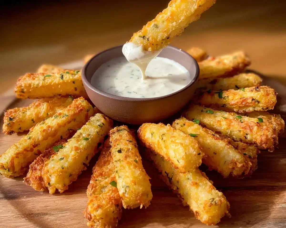 Crispy potato cheese sticks with a side of garlic yogurt sauce