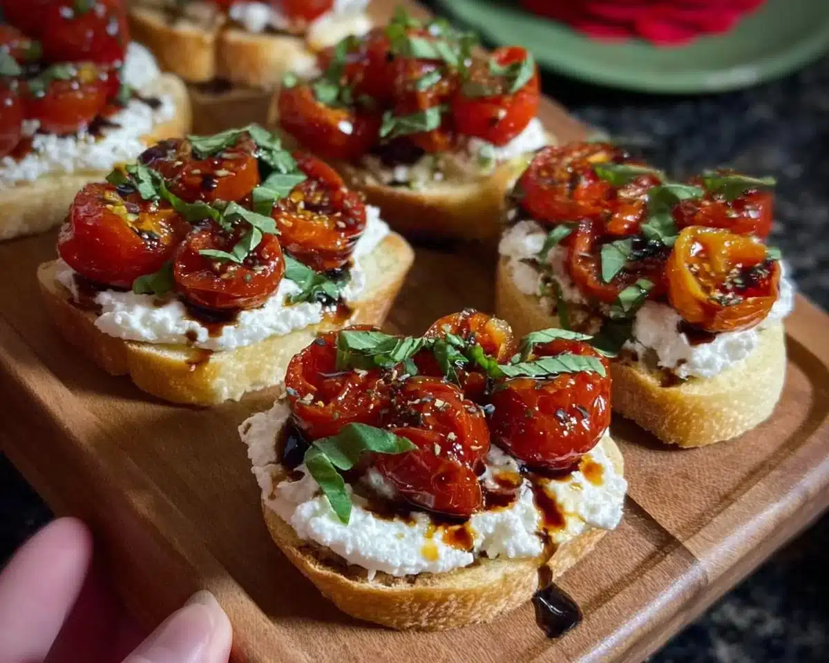 Delicious Ricotta Crostini topped with roasted tomatoes on a rustic wooden board.