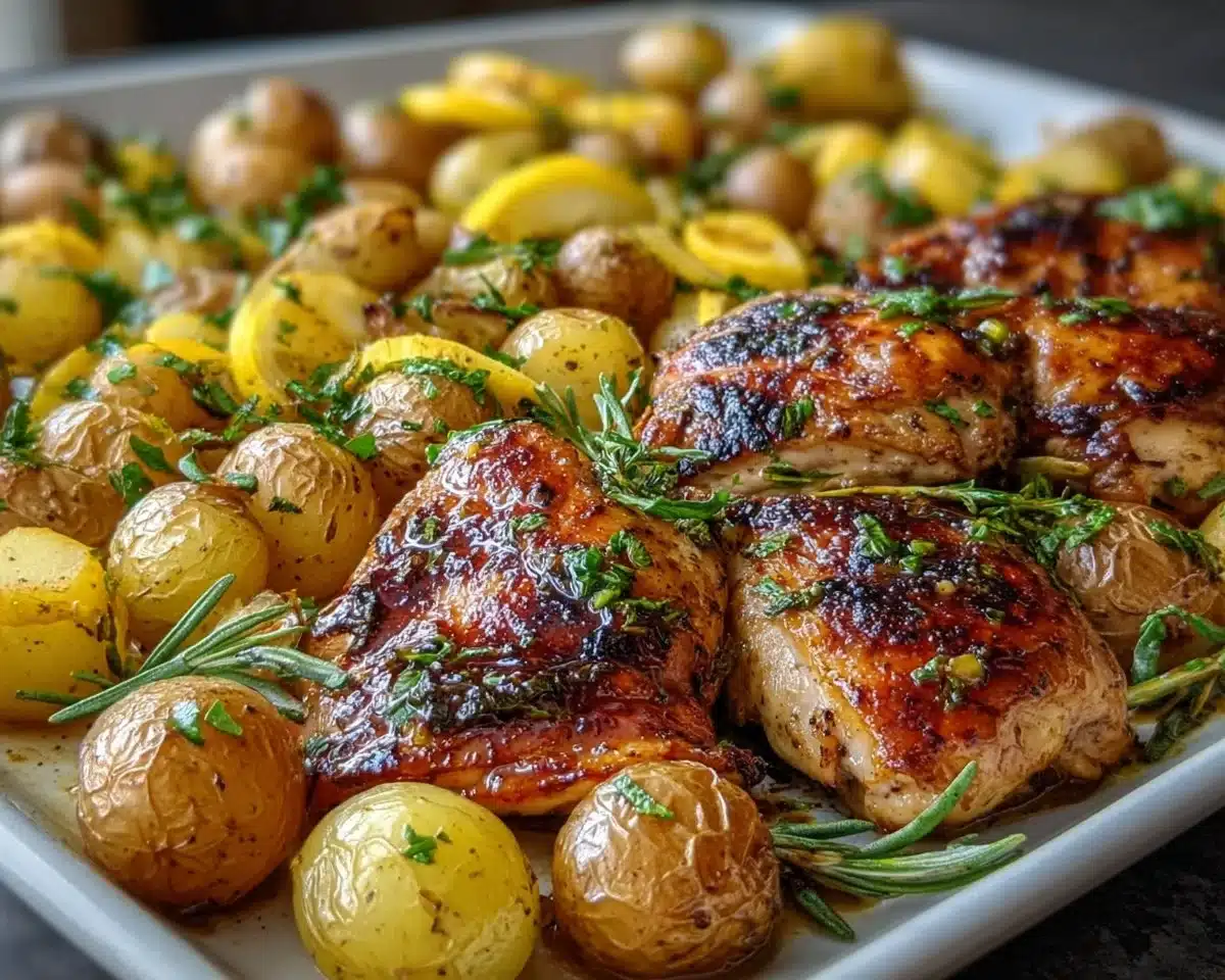 Sheet pan lemon balsamic chicken with potatoes, a delicious easy recipe.