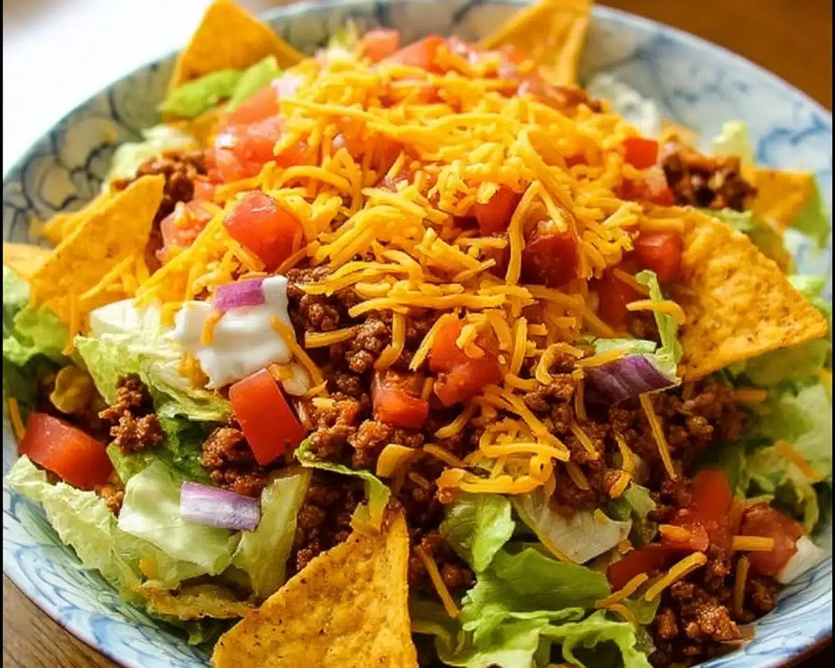 Easy Doritos Taco Salad recipe with crunchy chips and fresh ingredients