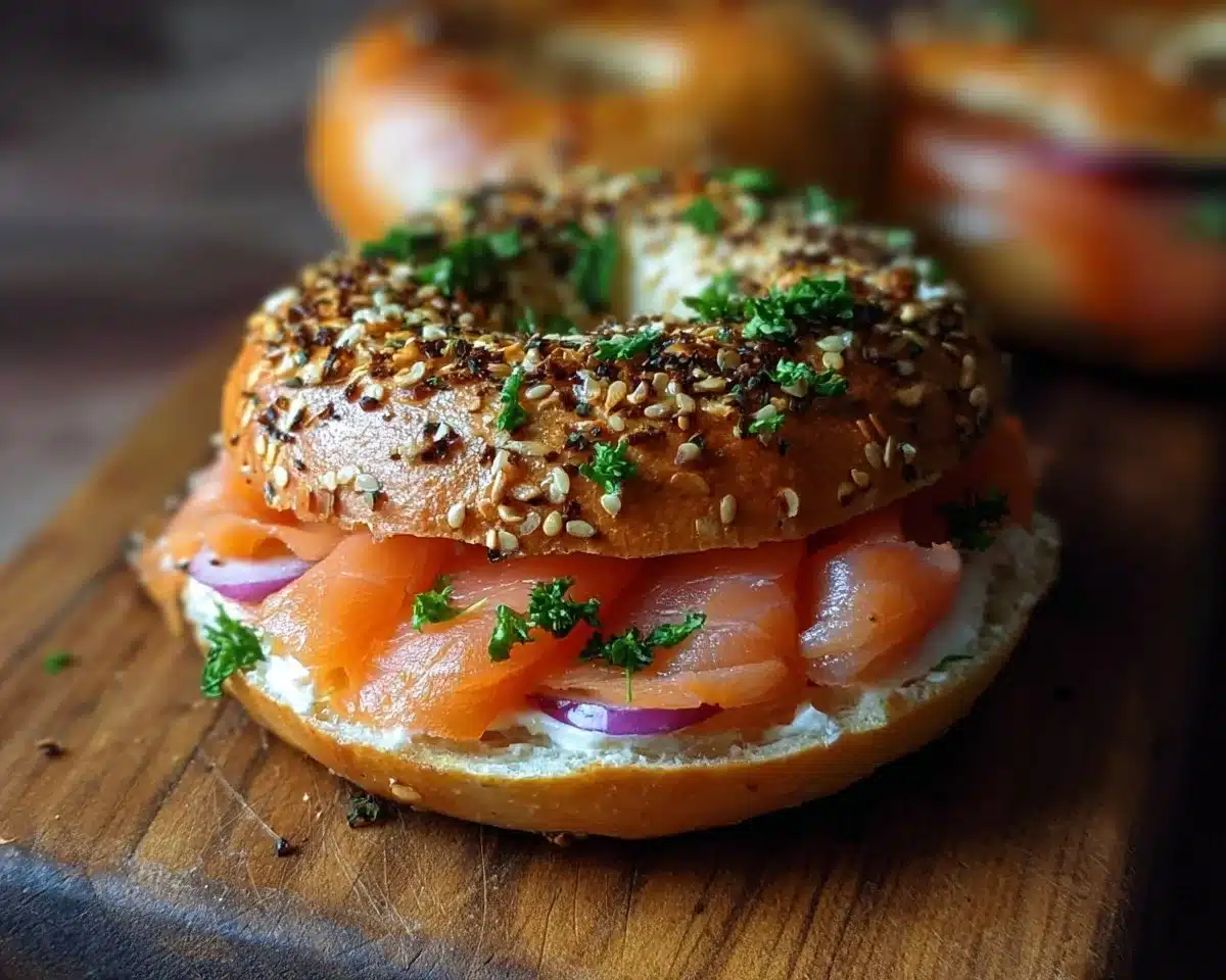 Delicious smoked salmon bagel with cream cheese and capers