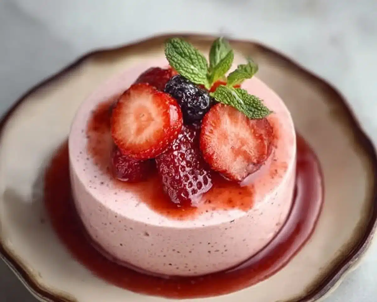 Delicious strawberry mousse dessert topped with fresh strawberries