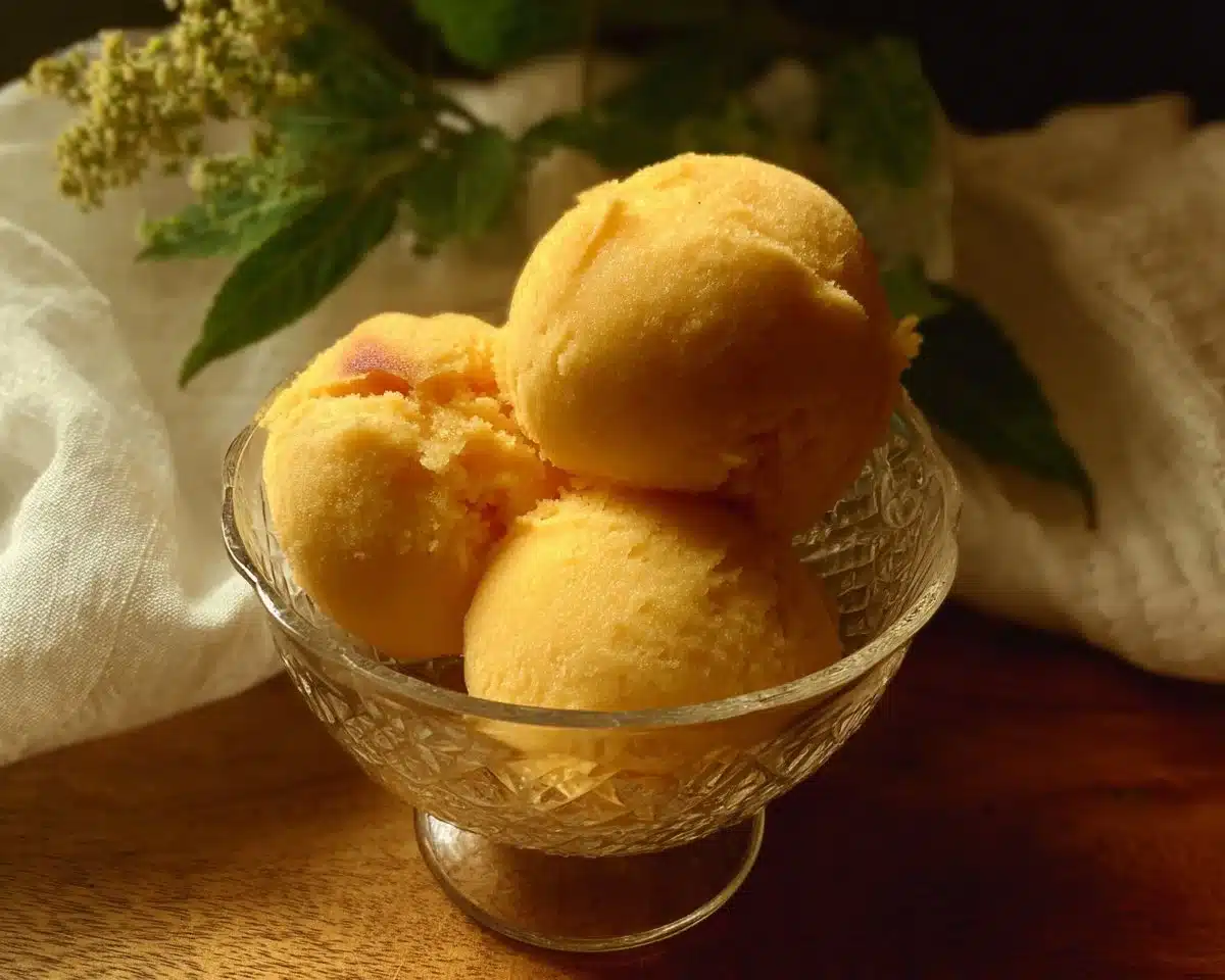 Three ingredient peach sorbet served in a bowl with fresh peach slices