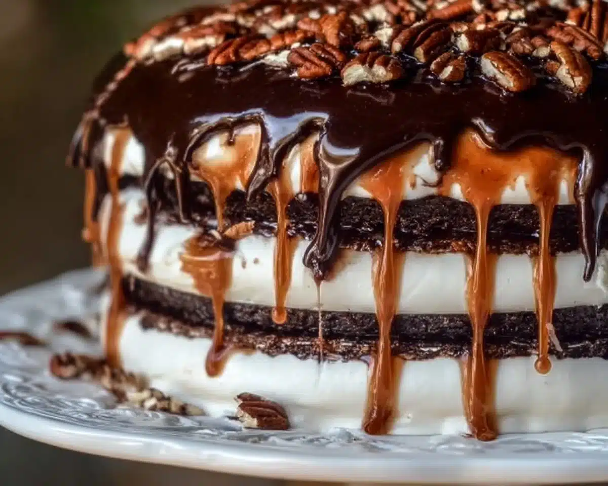 Delicious Turtle Chocolate Layer Cake with chocolate, caramel, and pecans.