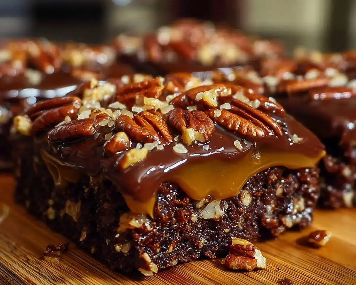 Delicious Turtle Texas Sheet Cake topped with fudge, caramel, and pecans.