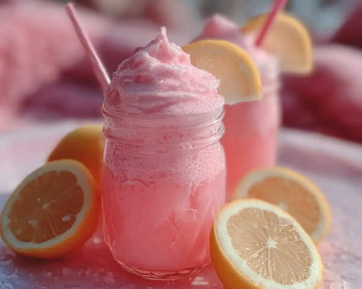 Delicious whipped pink lemonade in a glass with a lemon slice and straw