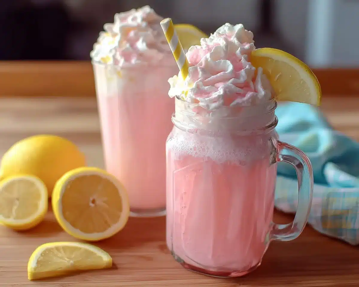 Delicious whipped pink lemonade served in a glass with a lemon slice