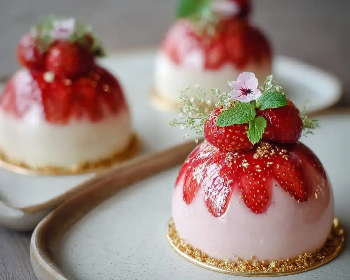 Delicious white chocolate strawberry mousse domes ready to be served.