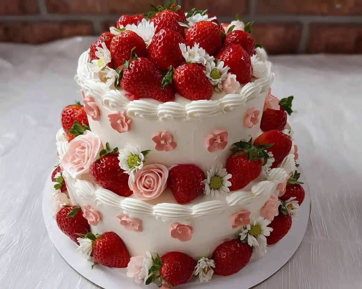 2-tier strawberry birthday cake decorated with colorful flowers for celebrations