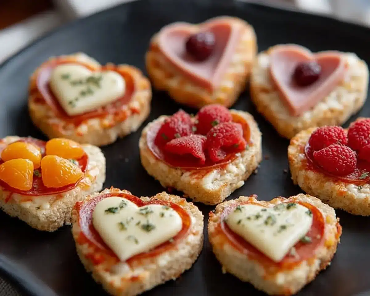 A platter of various finger foods for Valentine's Day celebration.