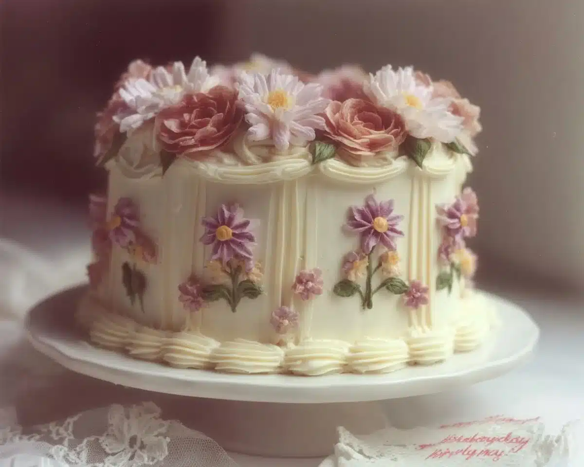 Elegant birthday cake adorned with flowers and vintage decorations.