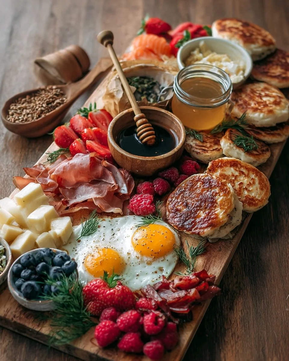 A beautifully arranged brunch board with various treats and snacks.