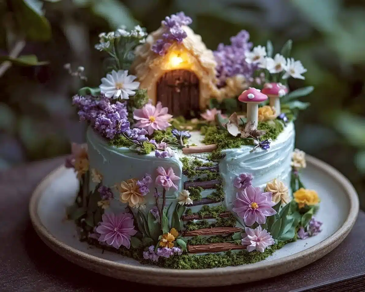 Beautiful fairy garden cake decorated with flowers and whimsical garden designs.
