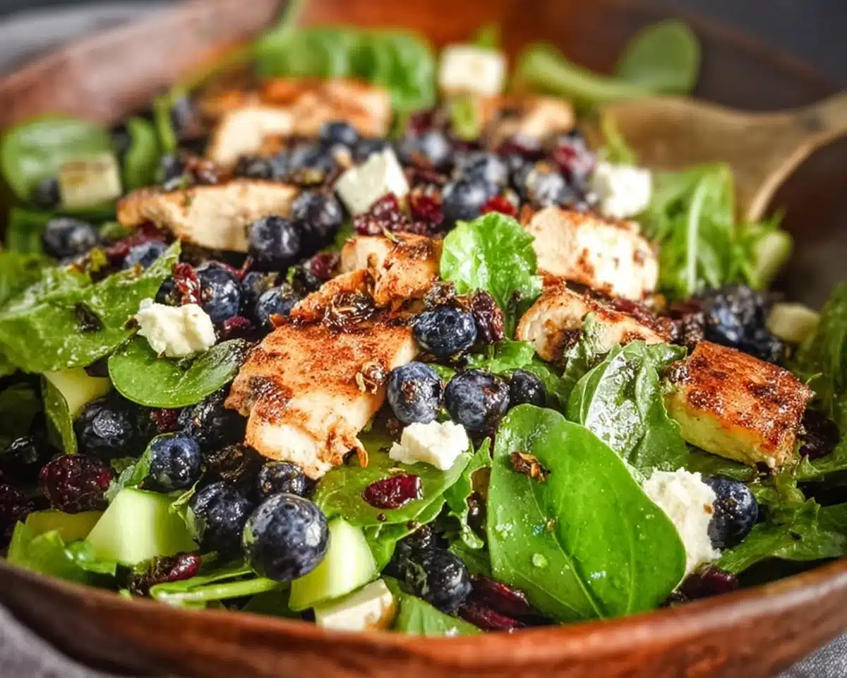 A vibrant Chicken Blueberry Feta Salad with fresh ingredients and colorful presentation.