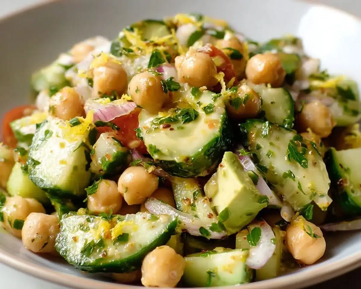 Chickpea avocado cucumber salad with lemon dressing in a bowl
