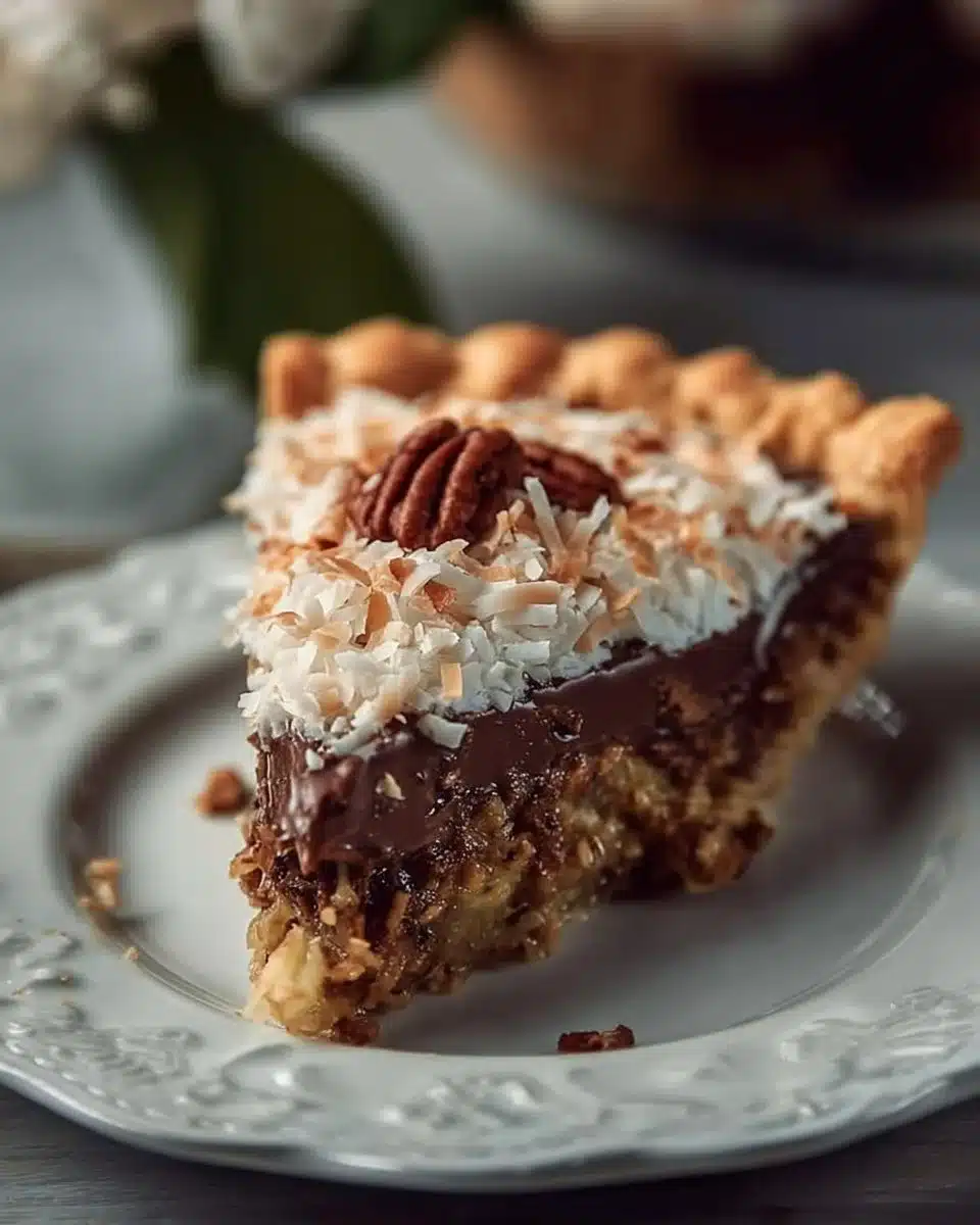Delicious Chocolate Coconut Pecan Cream Pie topped with coconut and pecans