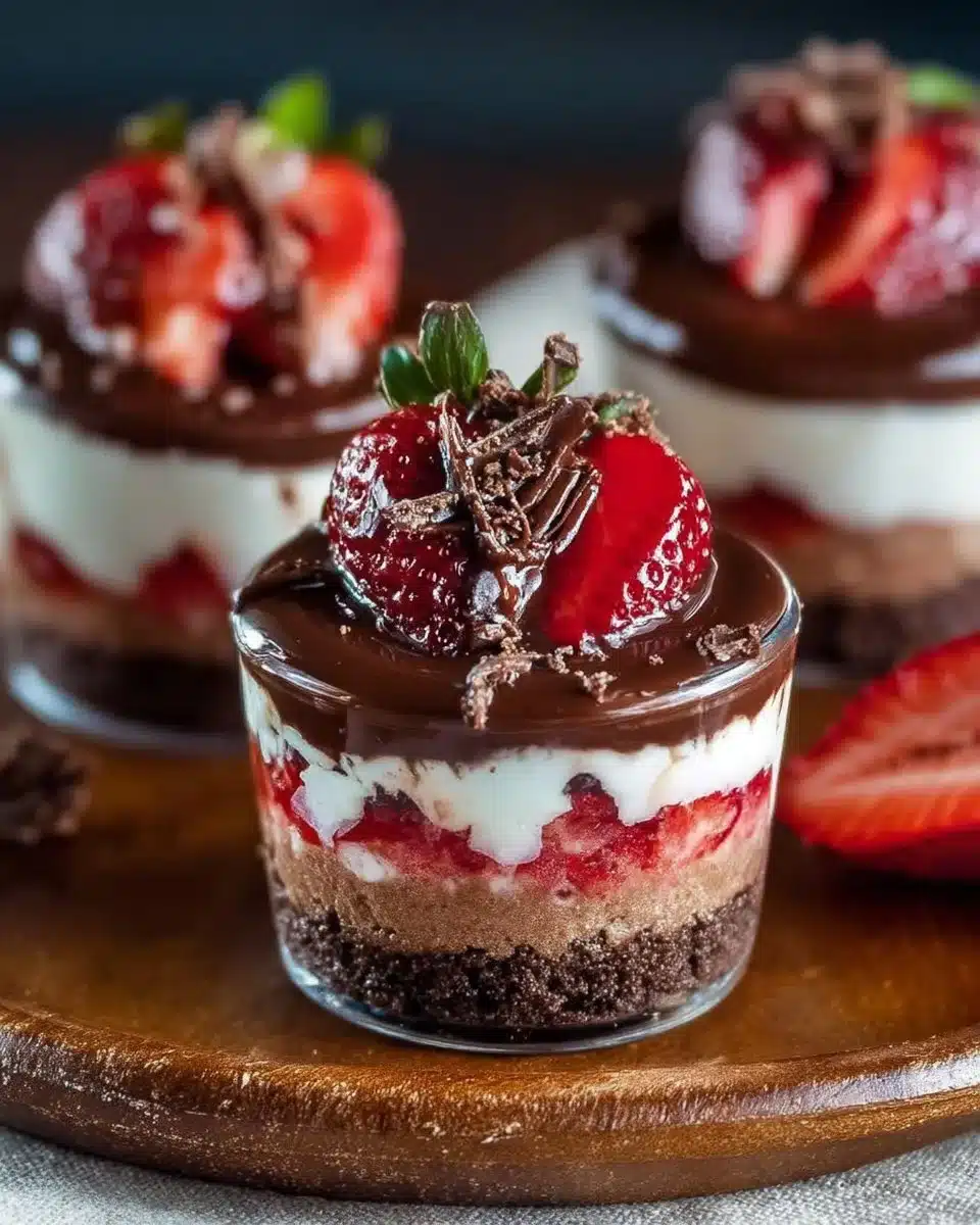 Chocolate Strawberry Cheesecake Dessert Cups in elegant serving dishes