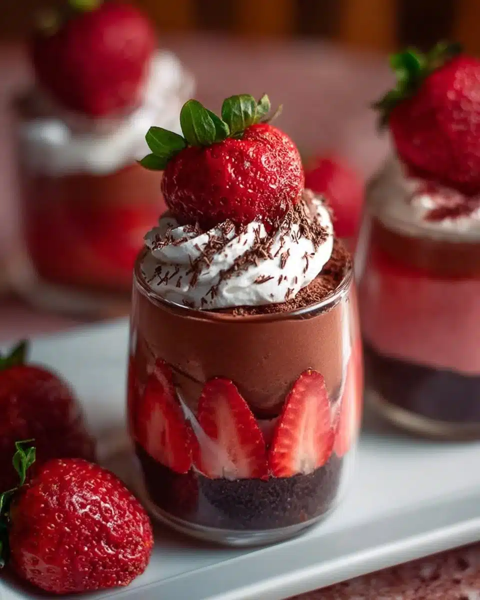Delicious Chocolate Strawberry Mousse Cake Parfaits layered in a glass