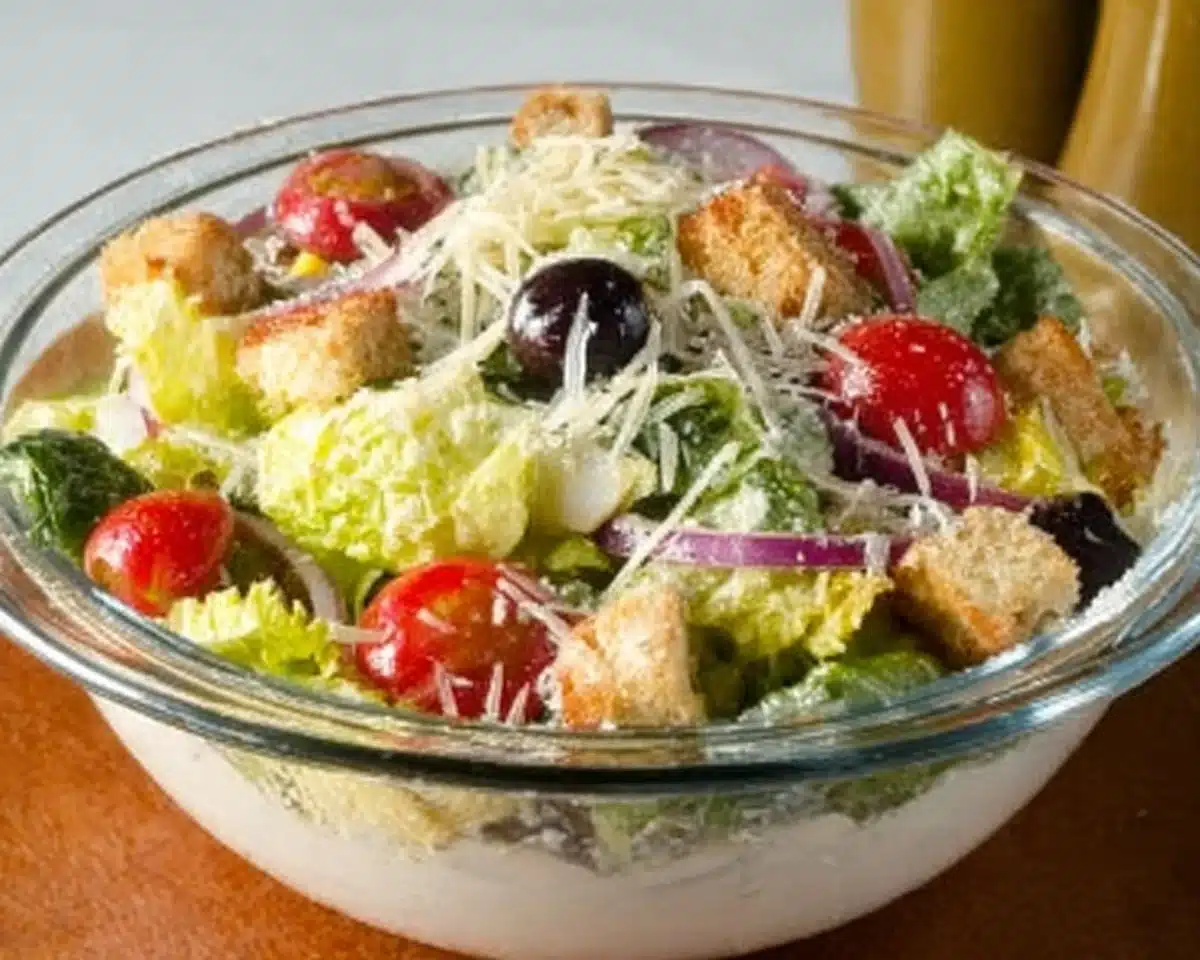 Delicious copycat Olive Garden salad recipe garnished with fresh vegetables.